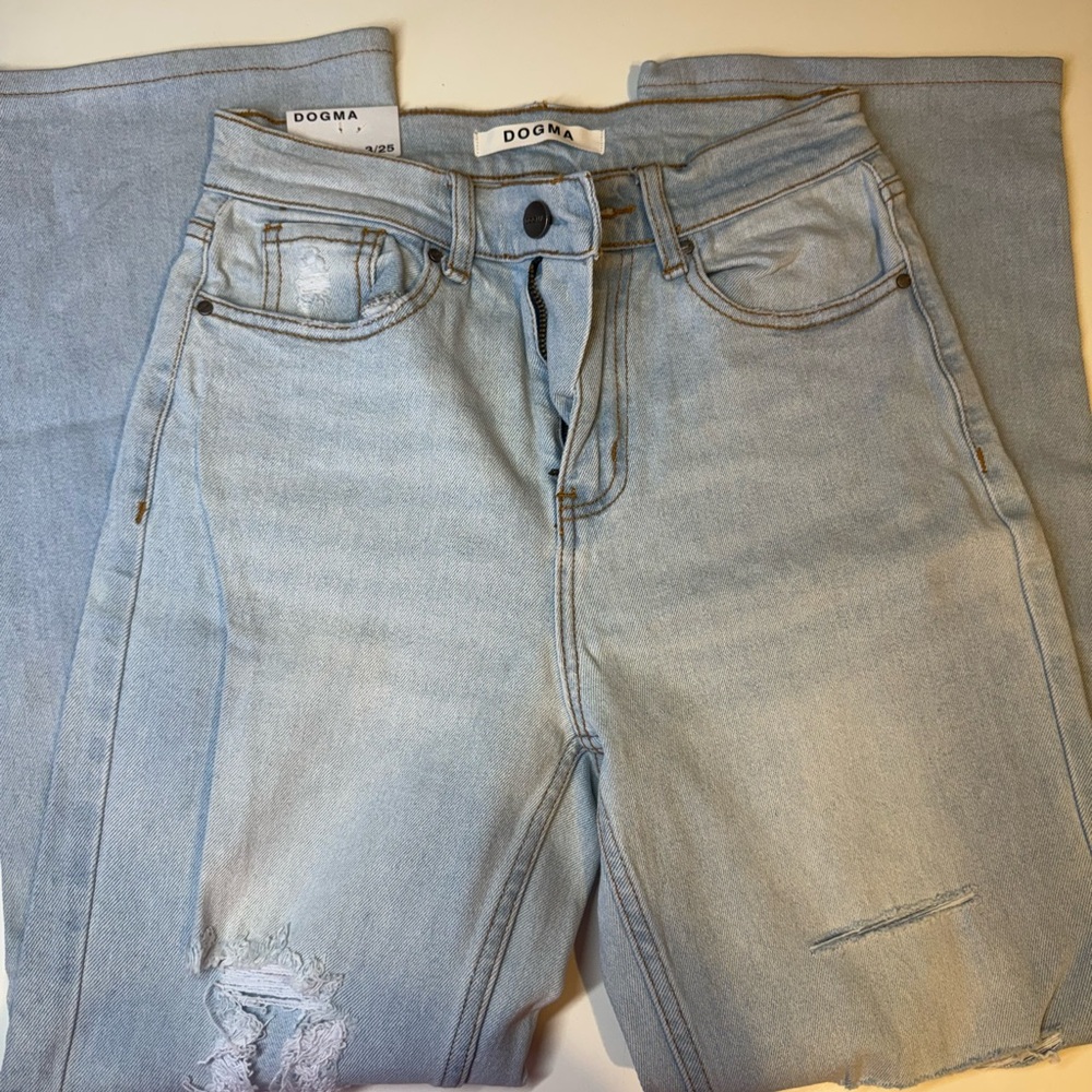 Blue Straight Leg Jeans with Distressed Detailing